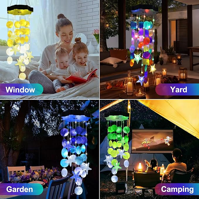 Solar Shell Gift for Mom Grandma Girls, Yellow Solar Wind Chimes for Outside, Outdoor Decorative Mobile Lights for Garden, Yard, Patio, Window, Party, Outdoor Decorations(Warm White)