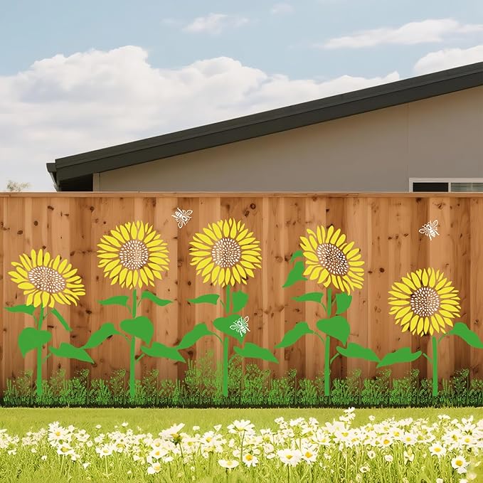 7 Pcs Large Sunflower Stencils for Painting, Flower Leaf Bee Paint Stencils for Wood, 14 Inch Floral Template Crafts Reusable Stencil on Wall Floor Door Fence Wallpaper Furniture Decoration
