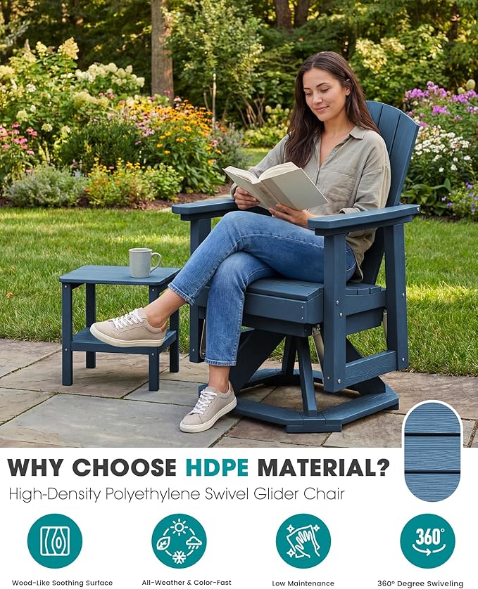 SERWALL Adirondack Swivel Glider Chair, HDPE Patio Glider for Outdoor, All-Weather Glider Chair for Porch, Balcony, Navy Blue