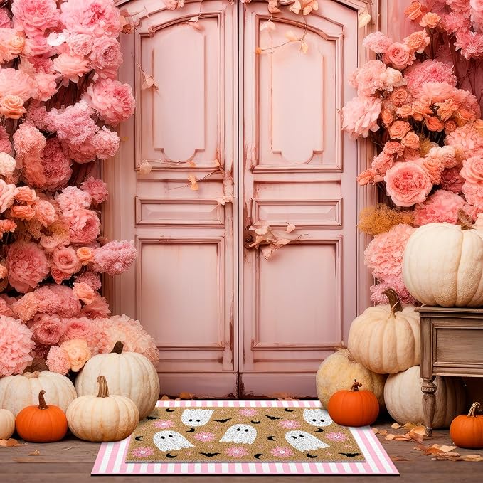 Tinideya 2 Pcs Halloween Door Mat Ghost Welcome Non Slip Coir Mats Pink Flower Cute Bat Stripe Floor Layering Doormats Seasonal for Front Porch Entryway Decor(Flower Ghost)