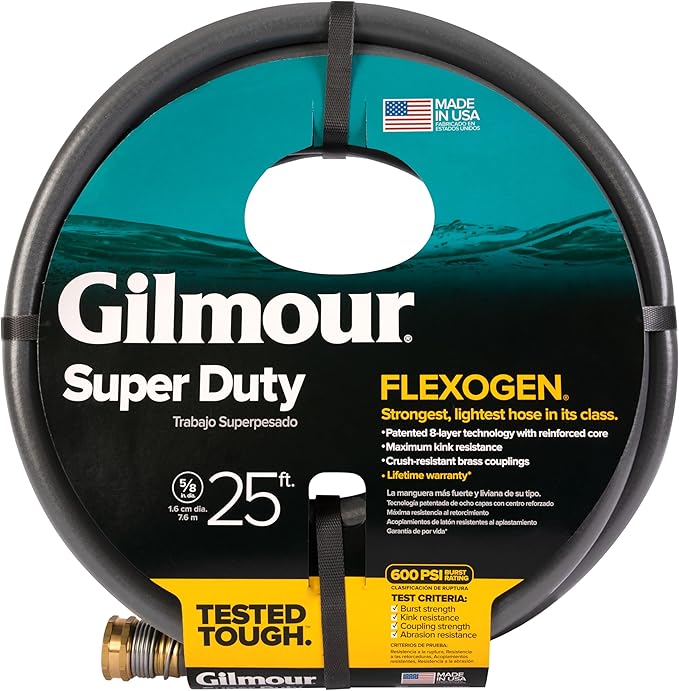 Gilmour Flexogen 5/8 in x 25 ft Garden Hose, Heavy Duty Water Hose, Flexible and Kink Resistant Outdoor Hose