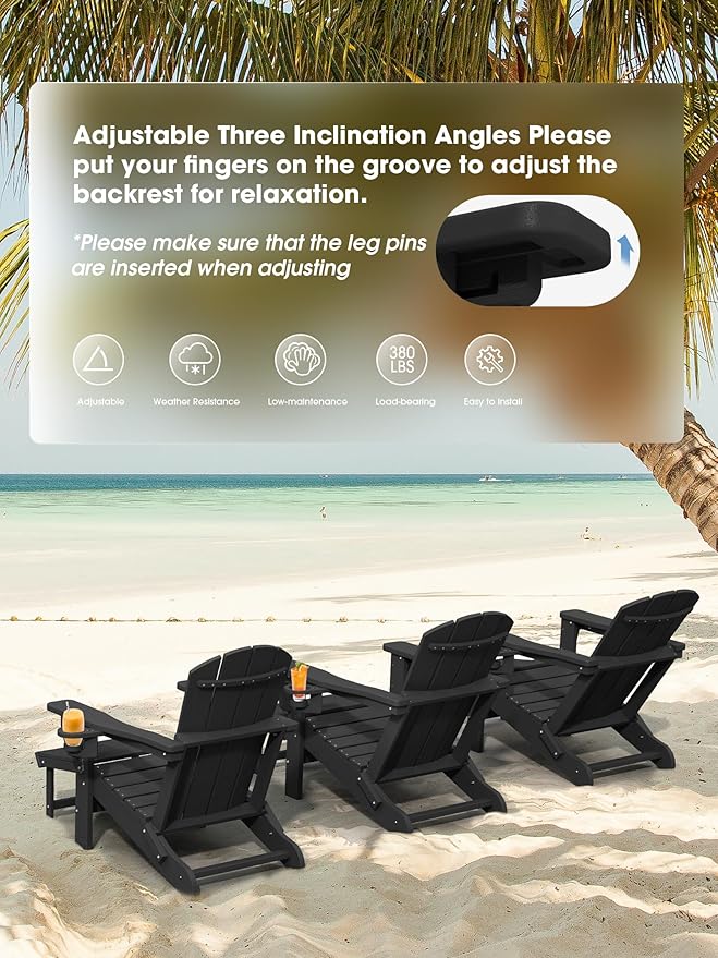 KINGYES Folding Adjustable Adirondack Chair with Retractable Ottoman Set of 6, HDPE All Weather Chair with Cup Holder - Recliner Adirondack Chair, Black
