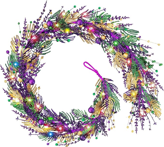 6 Ft Mardi Gras Purple Green Gold Glitter Vine Garland for Front Door Carnival Party Wreath Glitter Hanging Garland Mardi Gras Party Home Decor Garlands for Indoor Outdoor Mantle Staircase Railing
