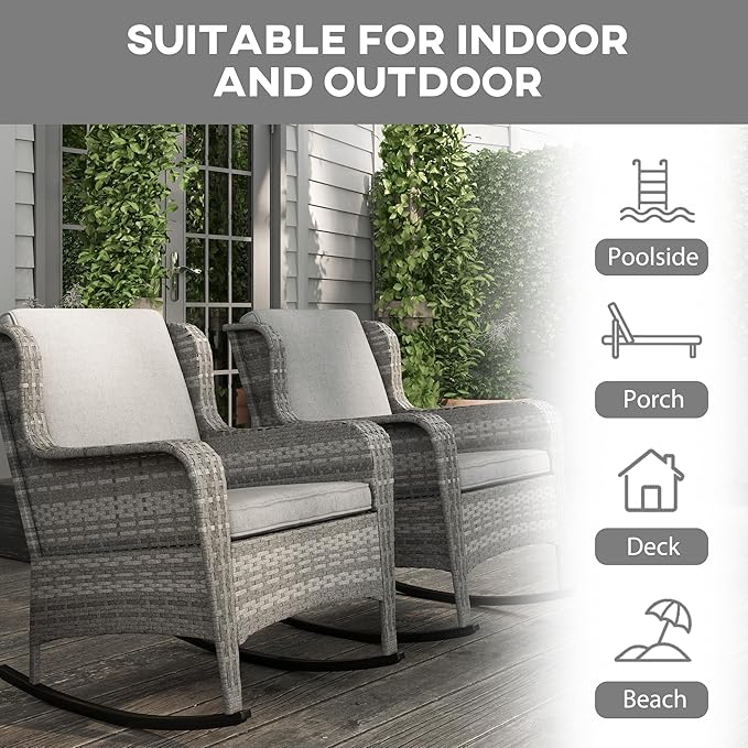 Outsunny Outdoor Wicker Rocking Chair Set of 2 with Wide Seat, Thick Cushions, Rattan Rockers with Steel Frame, High Weight Capacity for Patio, Garden, Backyard, Gray