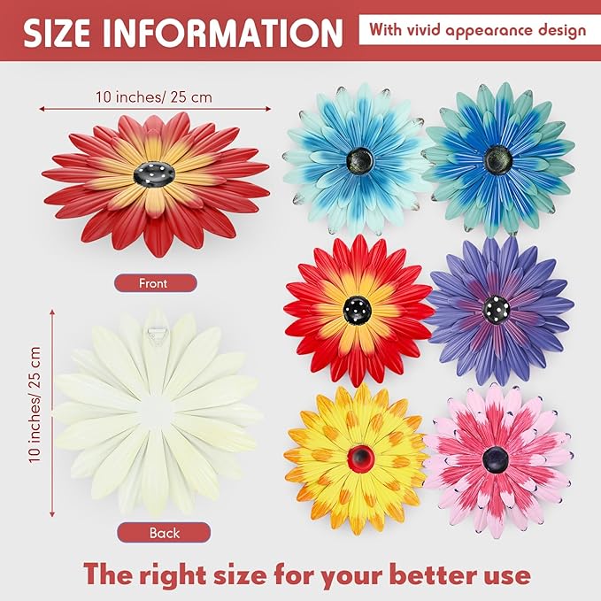 Zhehao 6 Pcs Metal Flower Wall Art Decor 10 Inch Sunflower Wall Decorations Hanging Outdoor Art Multicolored Handmade Metal Flowers Outdoor Decor(Cute Color)
