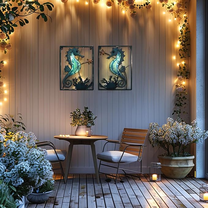 LIFFY Metal Wall Art Seahorse with Frame 13 LED lights,Beach Decor Fish Glass Sculpture Coastal Wall Hanging Ocean Theme Nautical Outdoor Decor for Patio,Garden,Yard,Pool,home gift(2pcs, Blue)