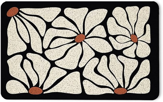 Boho Beige and Black Floral Door Mat - Bohemian Neutral Floral Front Door Welcome Mats Outdoor Entrance, 17x30 Rug