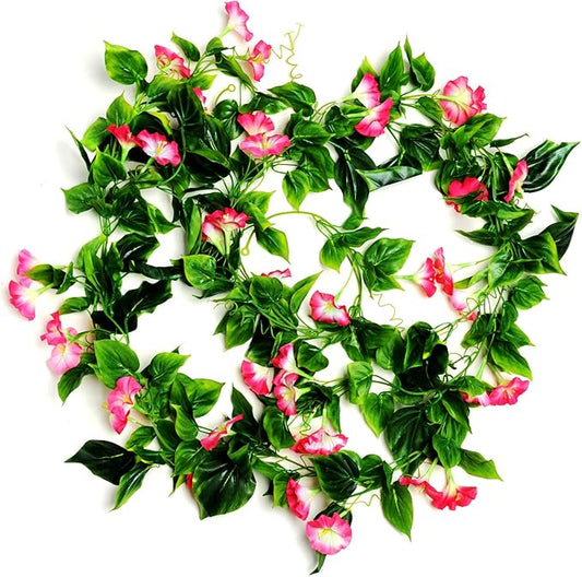 AirSun Artificial Morning Glory Flower Vines, 2pcs 15Feet Hanging Plants Silk Garland Fake Green Plant Home Garden Wall Fence Indoor Outdoor Wedding Birthday Decor
