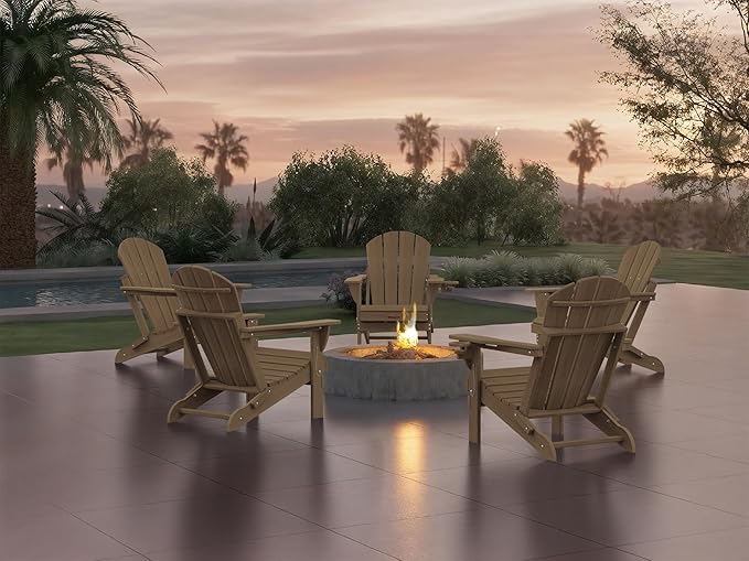 Ciokea Folding Adirondack Chairs Set of 4, Patio Adirondack Chair Weather Resistant, Plastic Fire Pit Chair with Cup Holder, Lawn Chair for Outdoor Porch Garden Backyard Deck, Brown