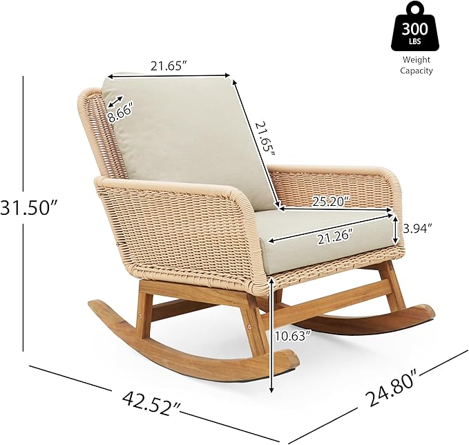 Christopher Knight Home Nadine Patio Rocking Chair, Wicker Rocker, Wood Leg Rocking Chair, PE Rattan Wicker Chair, Rocking Chair with Cushions, Comfort Wicker Rocker for Backyard Balcony Porch, Beige