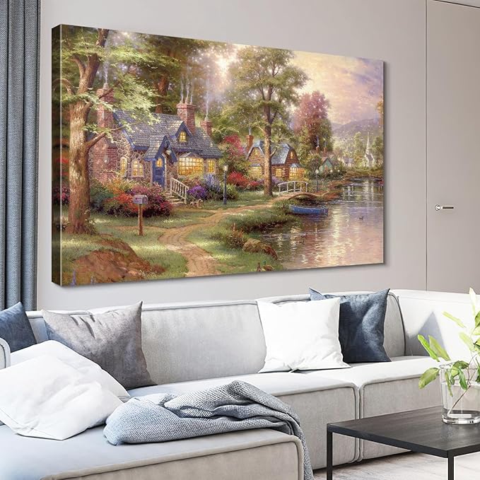 STUDIO HAVEN Thomas Kinkade Canvas Wall Art, River Cottage Stone Homes Wooden Bridge Boat and Ducks Flower-Lined Path Oil Painting Poster Rustic Wall Decor, Framed Prints for Home Decor, 28x20Inch