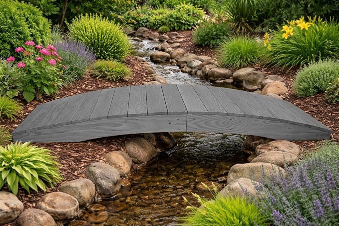 8 FT Grey Amish Made Pinewood Heavy Duty Garden Bridge for Walkway, Backyard Pond & Landscaping, Outdoor Wooden Footbridge for Koi Pond, Japanese Style Decorative Bridge, Made in USA