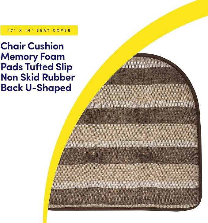 Sweet Home Collection Chair Cushion Memory Foam Pads Tufted Slip Non Skid Rubber Back U-Shaped 17" x 16" Seat Cover, 6 Count (Pack of 1), Bradford Chocolate/Beige
