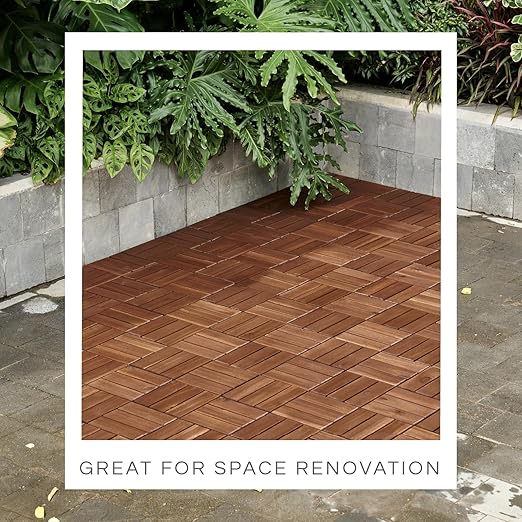 10 Pcs Deck Tiles, Patio Flooring - Outdoor Waterproof Acacia Wood Tiles for All Weather Use - Balcony, Backyard, Indoor & Outdoor (Dark Brown Crossed Pattern, 10 Square Ft)