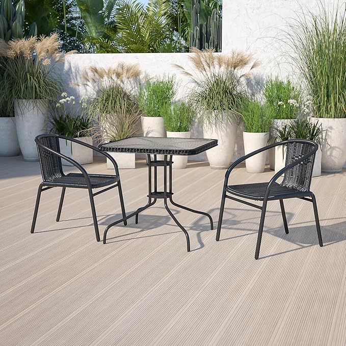 Flash Furniture Lila 28'' Square Glass Metal Table with Black Rattan Edging and 2 Black Rattan Stack Chairs