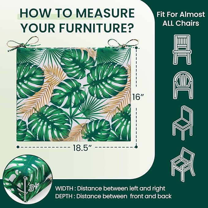 HARBOREST Outdoor Chair Cushions Set of 4, Water Resistant Patio Chair Cushions with Ties, Square Corner Outdoor Seat Cushions for Patio Furniture, 18.5"x16"x3", Frond