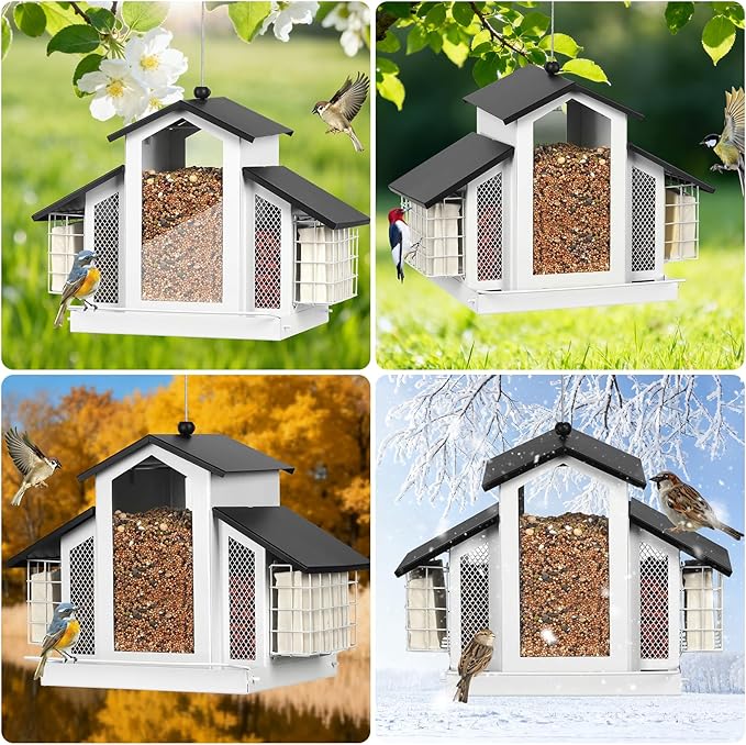 White Metal Bird Feeder Birdhouse, Outdoor Hanging Wild Bird Feeders for Outdoors, Perfect Birdhouses for Outside Bird Lovers