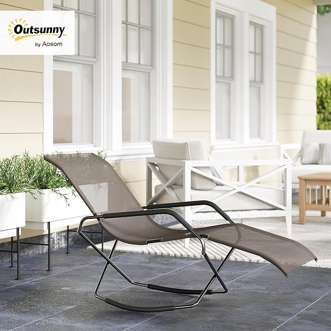 Outsunny Outdoor Folding Rocking Chair, Foldable Chaise Lounge Pool Chair, Zero Gravity Lounge Chair with Armrests for Sun Tanning, Sunbathing, Rocker for Patio, Lawn, Beach, Brown