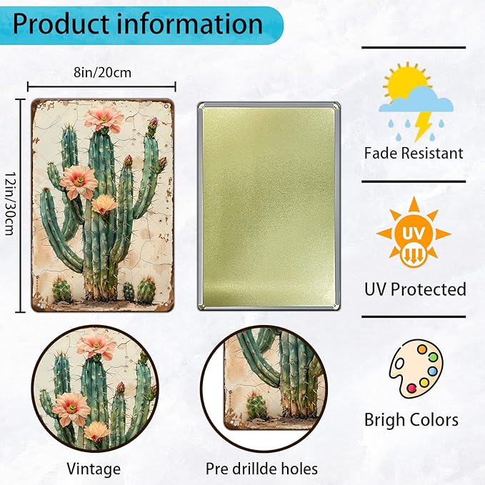 Vintage Tin Sign Cactus Wall Art Cacti Art Wall Sign Decor for Home Kitchen Garage Outdoor Yard Farmhouse 12x8 Inch