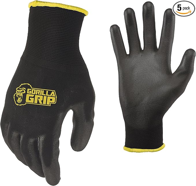 Gorilla Grip Work Gloves, Never Slip Maximum Grip All-Purpose, Gloves for Men, Superior in Wet, Dry, Oily Conditions, Polymer Palm, Medium Size, 5 Pairs, Black/Blue | 25041-25