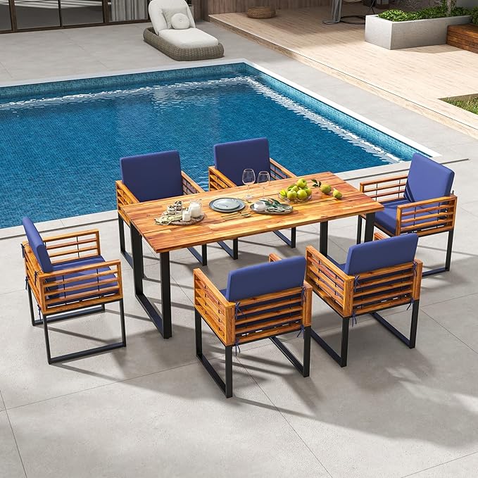 Tangkula 7 Piece Patio Dining Set, Acacia Wood Dining Chair & Table Set, 69” Spacious Tabletop with Umbrella Hole, Heavy-Duty Metal Support, Dining Set for Backyard, Poolside