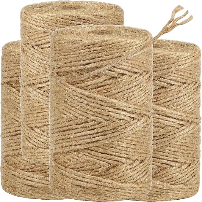 4 Pcs 1312.336 Feet 2mm Brown Jute Twine String - 3 Ply Natural Garden Twine for Plants, Crafts, Gift Wrapping, Packing - Heavy Duty Plant Ties for Tomatoes, Climbing Plants, DIY Projects