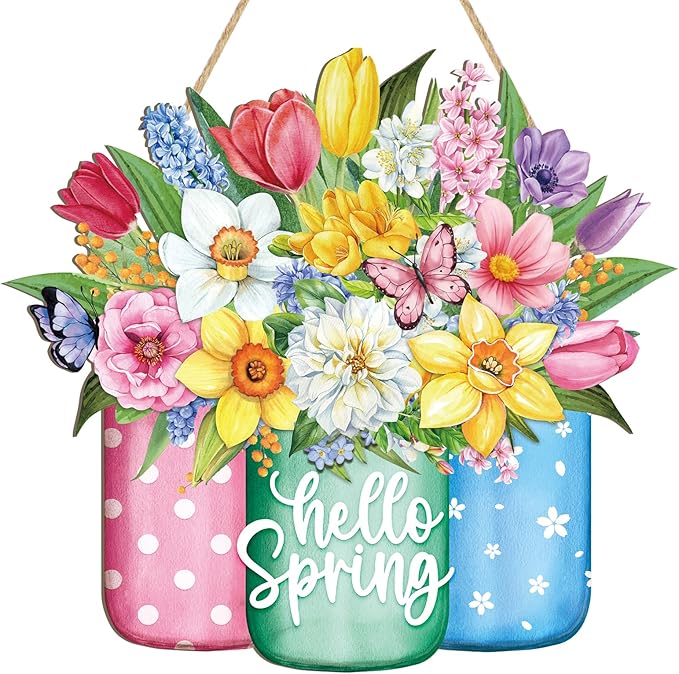 Spring Wreath for Front Door Sign Wall Signs Decoration,Flower Wreath Sign Hello Spring Welcome Hanging for Home Wall Decor Party Outdoor Indoor Supply Easter Decoration