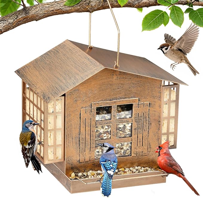 Bird Feeders for Outdoors, Metal Bird Feeder with Double Suet Cage Weatherproof Metal Roof, Suet Feeders for Outside Hanging, 5LB Large Seed Capacity
