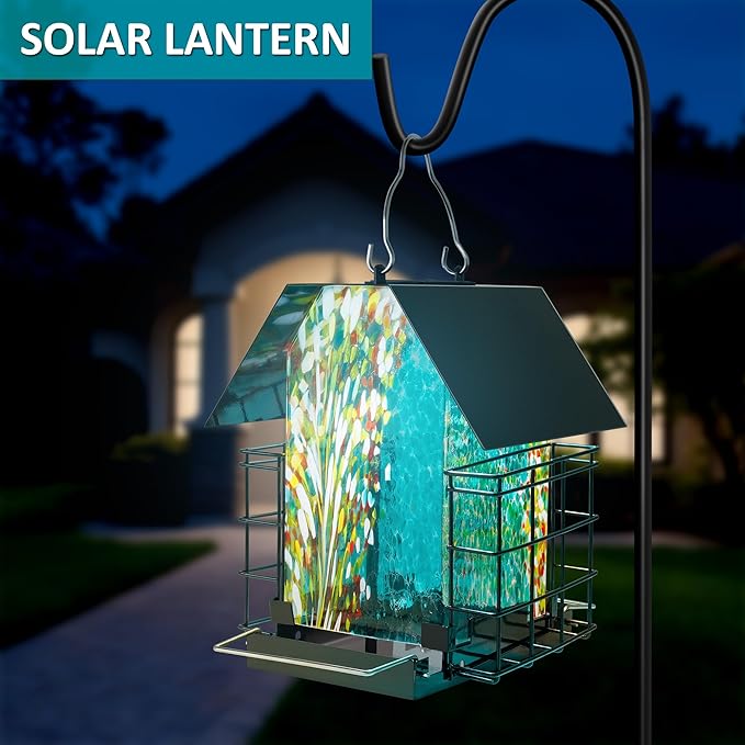 LUJII Solar Bird Feeder for Outdoor Hanging, 2 Suet Cake Cages, Hand-Blown Glass Container, Metal Roof, All-Weather Design for Woodpeckers, Teal