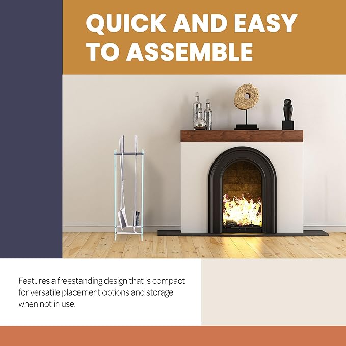 Lavish Home 5-Piece Fireplace Tools Set - Fire Tools for Fire Places and Woodstoves - Indoor/Outdoor Fireplace Accessories with Poker, Tongs, Brush, Shovel, and Tempered Glass Stand (Silver)