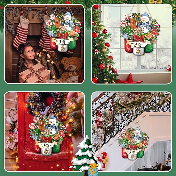 Boao Christmas Door Sign Decor Snowman Door Hanger Wreath Decoration Winter Wood Sign for Xmas Winter Holidays Front Porch Home Kitchen Wall Decor