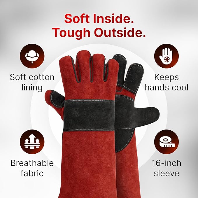 Grill Armor Welding Gloves – 16-Inch EN407 Leather Forge, MIG & Stick Welding Gloves – 932°F Heat & Fire Resistant – Red