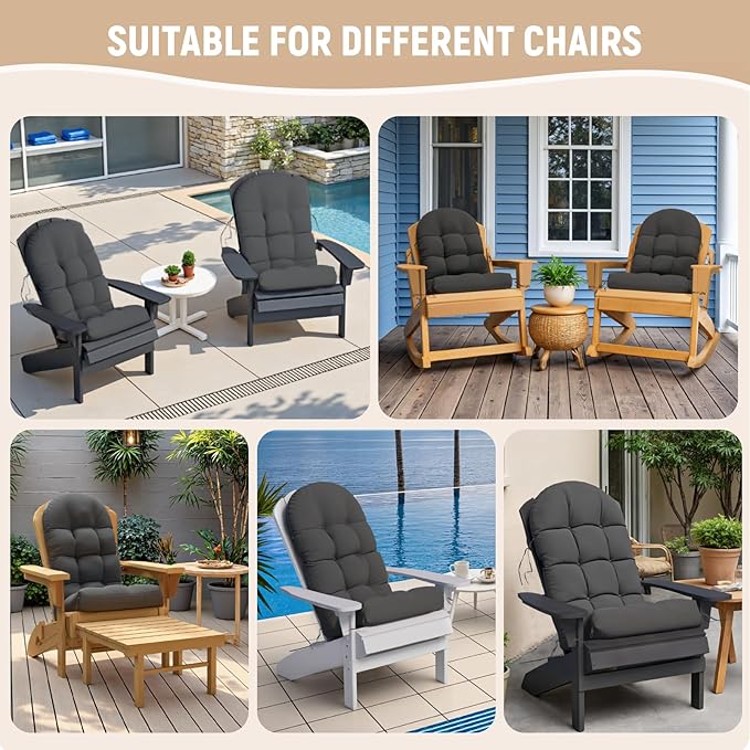 Adirondack Chair Cushion Set of 4, Rocking Chair Cushions, High Back Patio Cushions, Thickened Weather Resistant Patio Cushion with 6 Ties, Non Slip Fade & Waterproof
