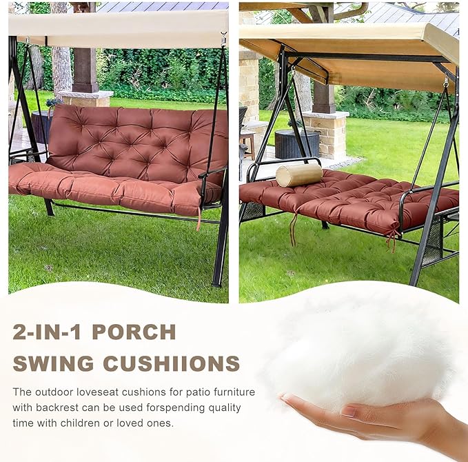 Porch Swing Cushion with Backrest,Waterproof Bench Cushion for Outdoor Furniture,2-3 Seater Replacement Thickened Swing Cushion with Ties,Patio,Outdoor,Backyard and Garden (Coffee,40x40)