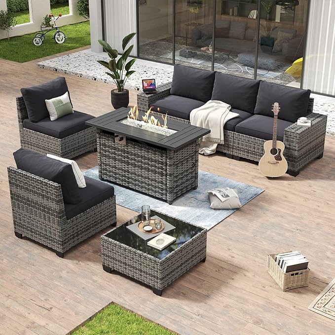 Aoxun 7 Piece Patio Furniture Set with Wide Armrests & 44” Fire Pit Table Wicker Rattan Outdoor Sectional Sofa Set with Coffee Table and Thickened Cushions, Gray/Blck(Waterproof Cover Included)