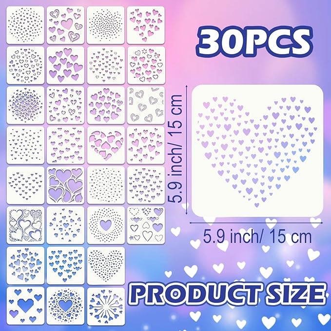 30 Pcs Heart Stencils, Reusable Love Geometric Stencils for Painting on Wood Floor Wall Rock Garden Furniture Canvas Scrapbook Paper Fabric Pillows Card Making DIY Home Decor