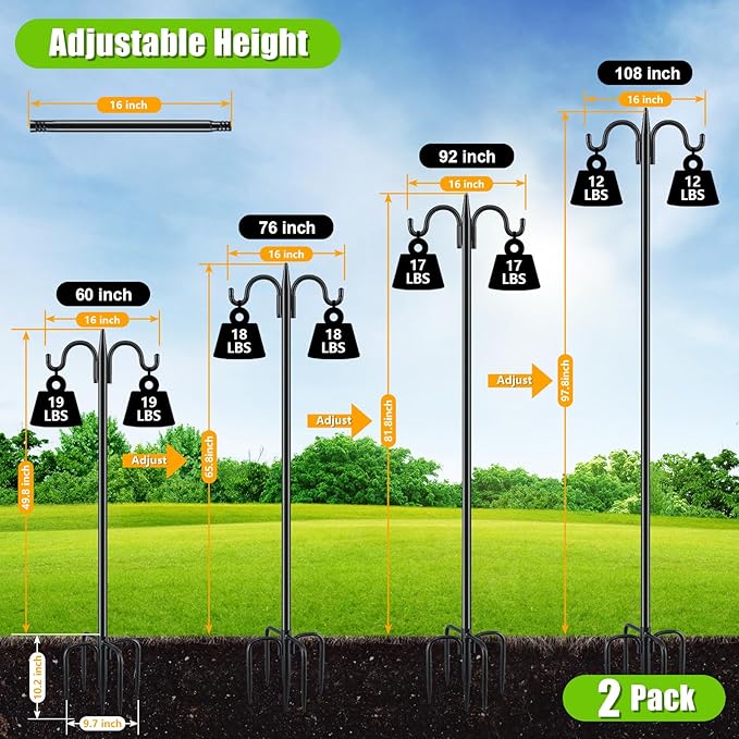 Gtongoko Double Shepherds Hook for Outdoor, 2 Pack 108 Inch Heavy Duty Bird Feeder Pole 3/4 Inch Thick Garden Hooks for Hanging Hummingbird Feeder, Plant Baskets, Solar Light Lanterns