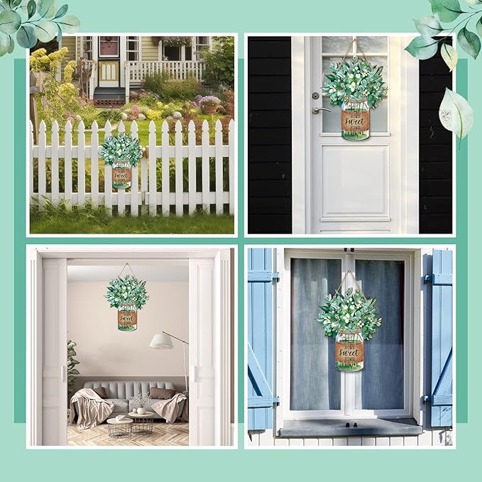 Karenhi Sweet Home Welcome Wooden Sign for Front Door Sweet Home Wooden Hanger Summer Door Sign Wood Spring Hanging Decorations Farmhouse Porch Decor for Outdoor Housewarming Gift