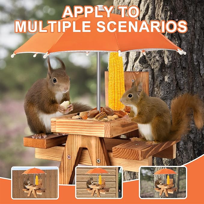 Gnodary Squirrel Feeder with Umbrella, Squirrel Feeders for Outside, Squirrel Picnic Table Feeder - Chipmunk Feeder Hold Corn, Corn Cob, Peanuts (Orange)