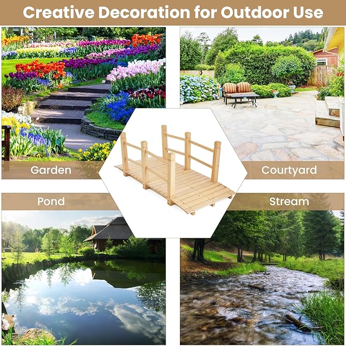 HAPPYGRILL 5FT Wooden Garden Bridge, Decorative Pond Landscaping Bridge with Classic Arc Footbridge & Double Safety Railings, Garden Bridges for Outdoors, Backyard, Garden Farm (Natural)