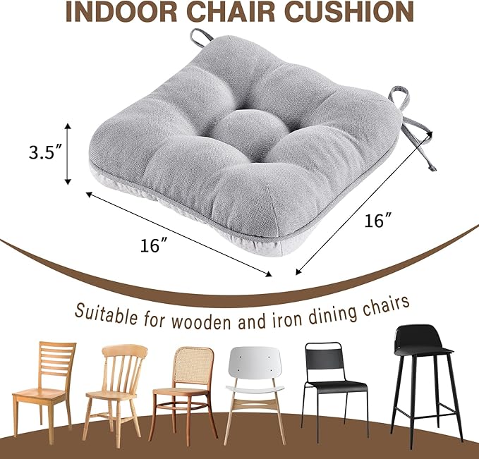 BETU Chair Cushions for Dining Chairs Set of 4,3.5" Thick Kitchen Table Chair Pads with Ties,Non Slip Backing and Covers, Seat Cushion for Dining Room,Bar,Patio Chairs,16"X16"X3.5",Light Grey