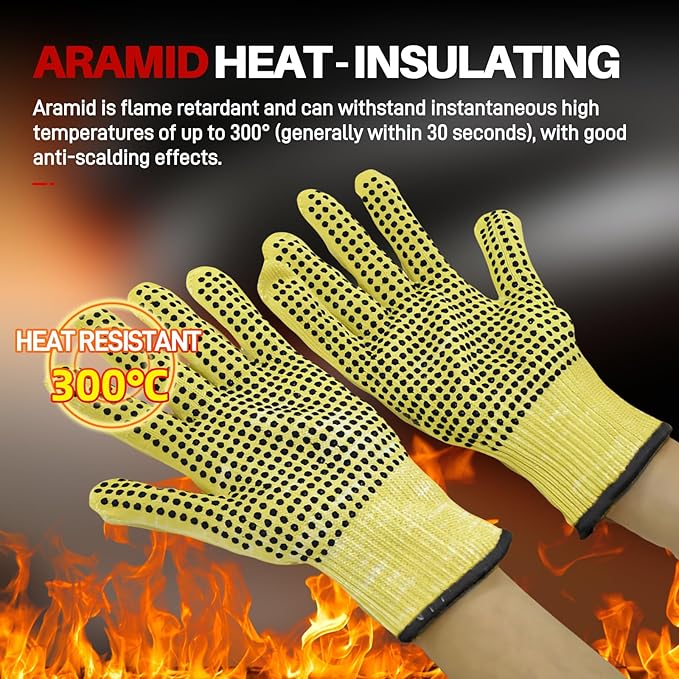 Heat Cut Resistant Gloves,Aramid Oven Gloves with Fingers,Heat Resistant Up to 550°F, silicone beads Thick Knit Design,Machine Washable - Grill Mitts for Men & Women(silicone beads, Large)