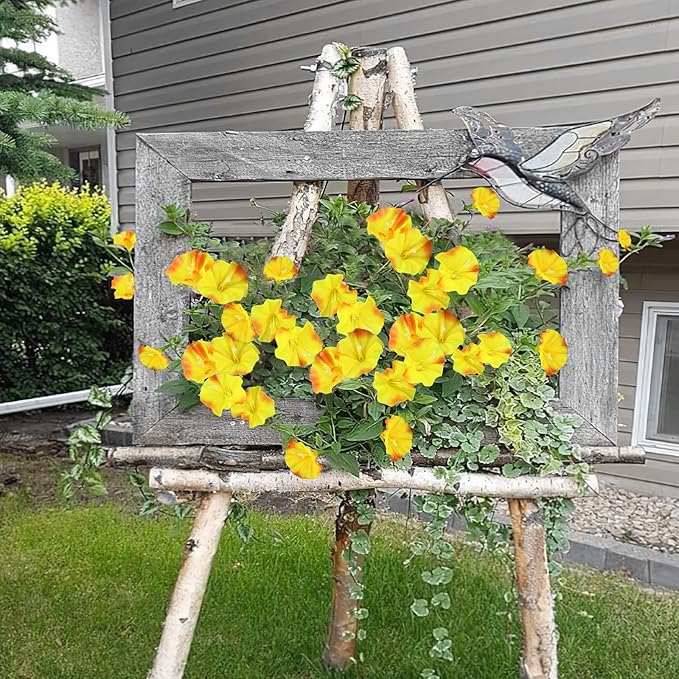 CISDUEO 2 Pcs Artificial Vines Silk Morning Glory Vines for Outdoor 15Feet Hanging Plants Garland Yellow Fake Green Plant Morning Glories for Home Decor Wall Fence Stairway Wedding Hanging Baskets