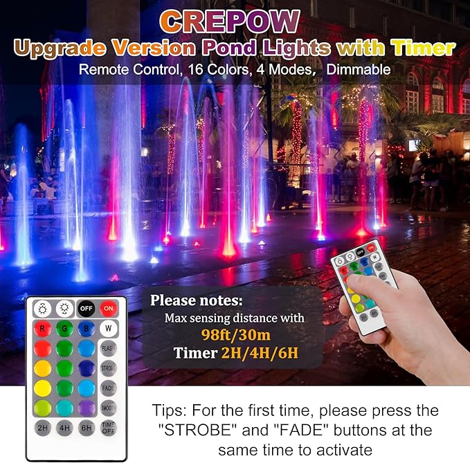 RGBW Pond Lights with Timer,18 LED Underwater Submersible Fountain Lights,Remote Control IP68 Waterproof Color Changing Landscape Spotlights for Fish Aquarium Tank Yard Garden Pool (Set of 6)