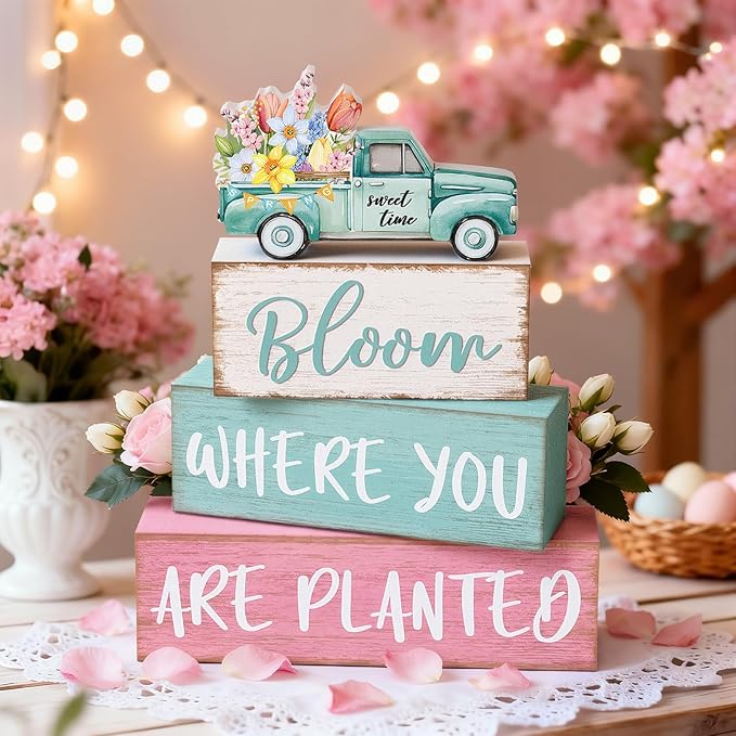 4 Pcs Spring Table Decorations Wooden Truck Floral Block Sign Rustic Flower Tabletop Centerpiece Farmhouse Distressed Easter Spring Decor for Home Office Desk Tiered Tray Decor