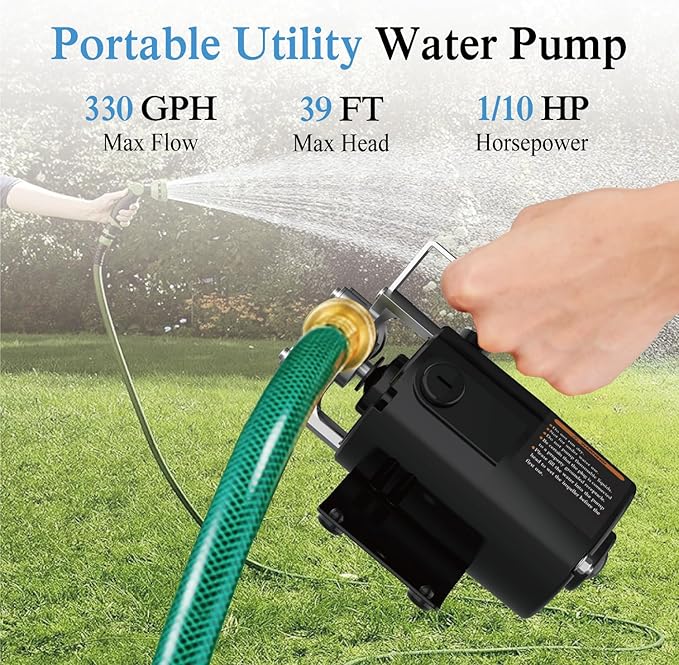120V Electric Water Pump - 330 GPH Utility Pump, 1/10 HP for Rain Barrel, Garden Hose, Ponds, Pools, Aquariums, Hot Tubs