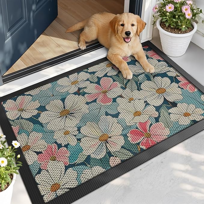 LUMI Outside Door Mat 24x36, Non Slip Rubber Backing Doormat, Low Profile Easy Clean Entrance Mats for Front Back Door Entryway Porch Garage, Bloom Flower
