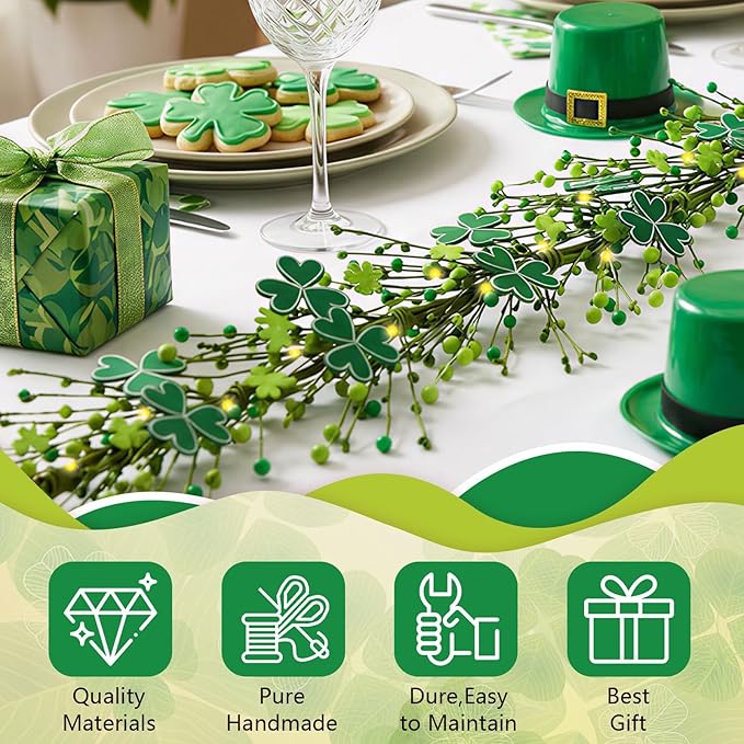 6.5 Ft St.Patrick's Day Garland Lucky Shamrock Vine Wreath Artificial Green Clover St Patrick's Day Hanging Wreath Garland for Front Door Arch Wall Irish Festival Party Decoration