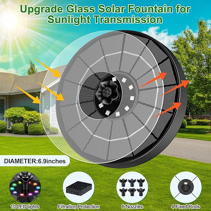 Solar Fountain Pump with 3 Spray Height Adjustments, Upgraded Glass Solar Bird Bath Fountains with LED Lights,6 Nozzles,Outdoor Solar Water Fountain Pump for Bird Bath, Garden, Pool, Pond