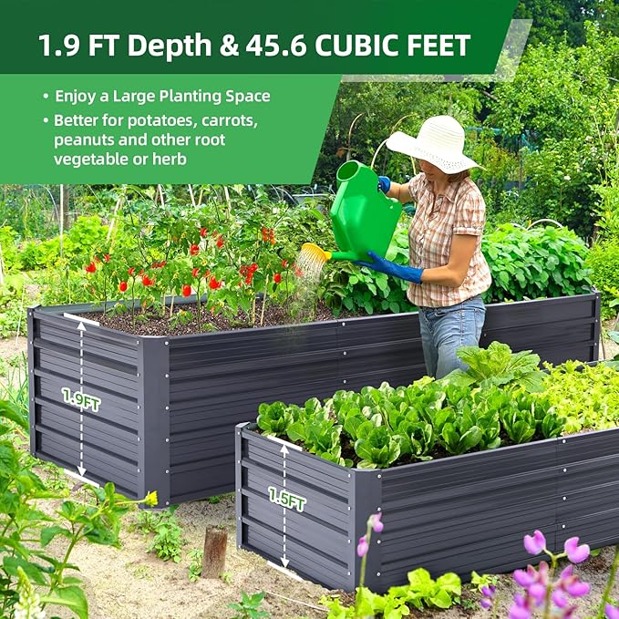 Ohuhu Metal Raised Garden Bed Outdoor 8x3x1.9 FT Reinforced Galvanized Rustproof Colored Steel Planter Boxes for Vegetables, Heavy Duty Raised Beds for Growing Flowers Herbs Succulents